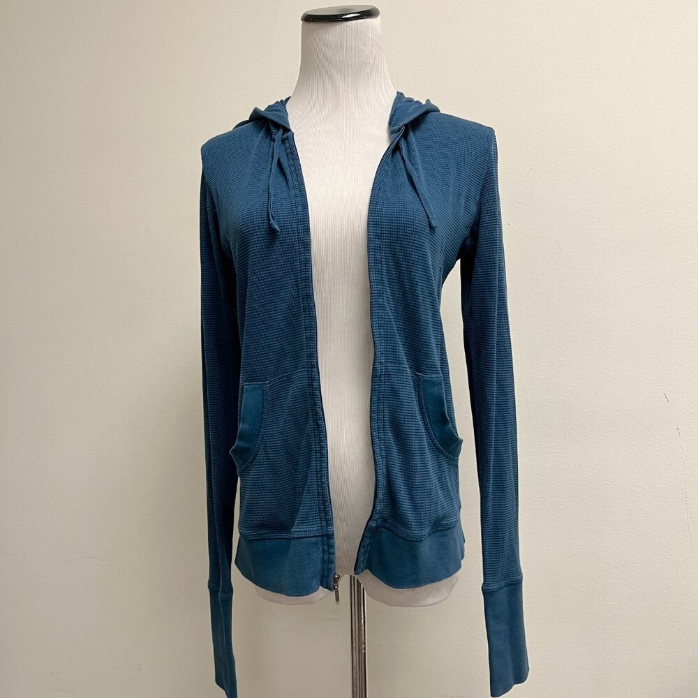 Patagonia thermal hooded zip top blue cotton M thumbholes - Picture 5 of 7